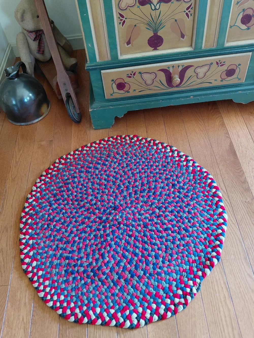 Antique pre 1920s family owned handmade round red & blue braided rag rug - 29